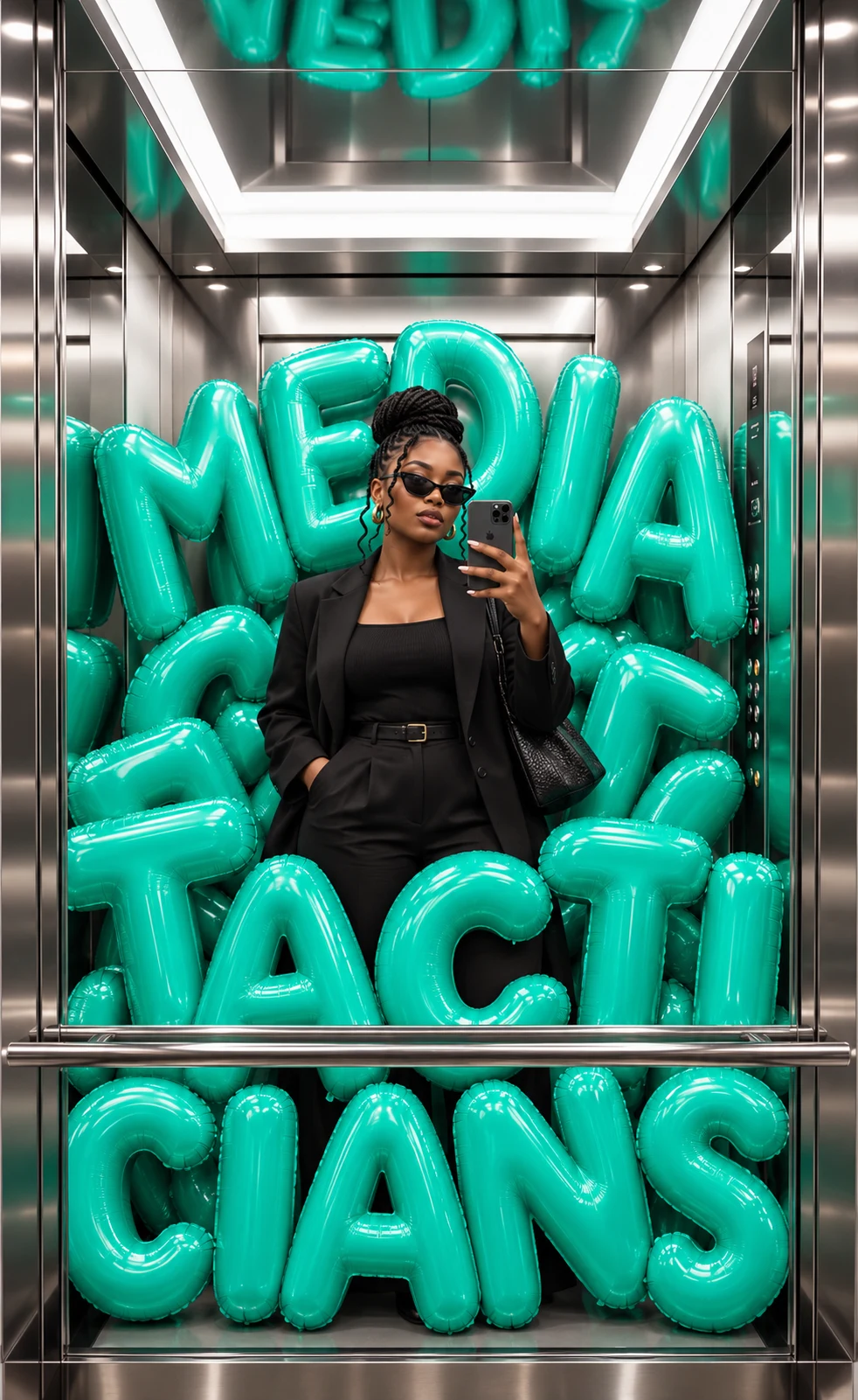 Media Tacticians balloon letters in an elevator